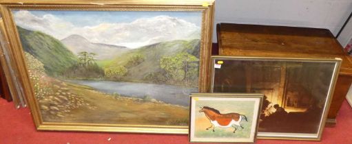 Assorted pictures and prints to include landscape oil