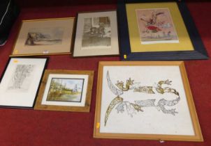 Assorted pictures and prints to include Grand Tour coastal watercolour