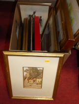 A box of assorted pictures, prints, frames etc