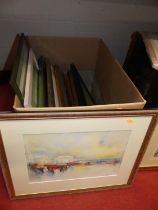 A box of assorted pictures and prints, to include landscape scene pastel, portrait studies etc