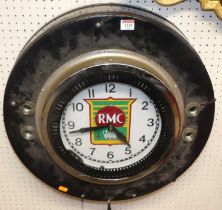 A mid-20th century RMC painted metal electric circular wall clock, dia. 55cm