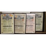 Four framed bond certificates, as published in Vienna for the Eastern European market