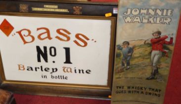 Early 20th century advertising sign on milk glass for Bass No.1, 35 x 50cm, in oak frame; together