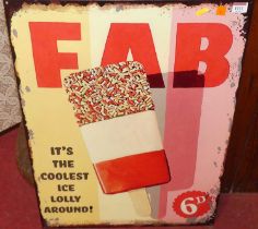 A printed tin advertising sign 'FAB Lollies', 70 x 50cm