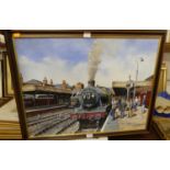 T.E. Oben - Station platform scene with steam trains, oil on canvas, signed and dated '96 lower