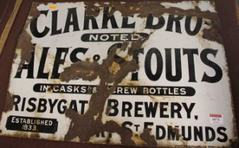 An enamel advertising sign for Clark Brothers Ales & Stouts of the Risbygate Brewery in Bury St
