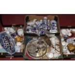 Four boxes of mixed ceramics and metalware, to include a jasperware table candlestick and teawares
