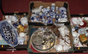 Four boxes of mixed ceramics and metalware, to include a jasperware table candlestick and teawares