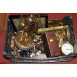 Miscellaneous items to include a brass anniversary clock, further clock parts and metalware