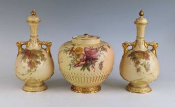 A Royal Worcester blush ivory pot purri, circa 1895, shape 1286, decorated with flowers, puce