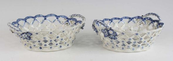 A pair of Caughley table baskets, circa 1785, of open trellis form, transfer decorated in in the