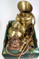 A box of metalware, to include a baker's lamp (Netherlands), large brass teapot and fire tools