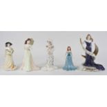 A collection of five Royal Doulton, Coalport and Royal Worcester porcelain figures of ladies, to