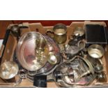 A box of miscellaneous metalware, to include entree dish, trophy cups, goblets etc