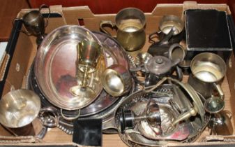 A box of miscellaneous metalware, to include entree dish, trophy cups, goblets etc