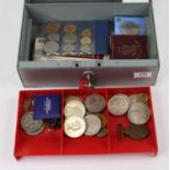 A metal deed box and contents to include a George V For Faithful Service in Special Constabulary