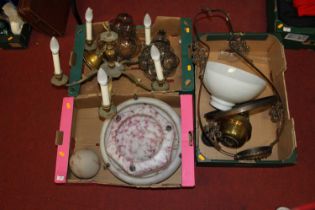 Three boxes of light fittings, to include a Victorian brass hanging oil lamp