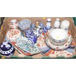 Two boxes of miscellaneous china to include blue & white ginger jar in the Prunus pattern, Imari