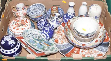 Two boxes of miscellaneous china to include blue & white ginger jar in the Prunus pattern, Imari