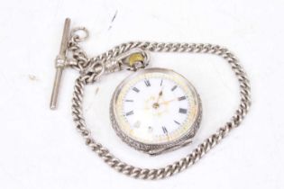 A late 19th century lady's silver cased open faced fob watch, having an enamelled dial with Roman