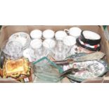 A box of miscellaneous china and glass ware to include a Royal Doulton Beefeater character jug