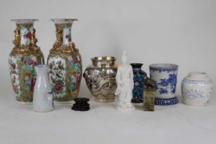 A collection of Asian items to include a pair of Chinese Canton porcelain vases (a/f), and a