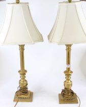 A pair of gilt table lamps with shades, each h.66cm