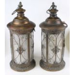 A pair of verdigris metal hanging lanterns, each h.56cm