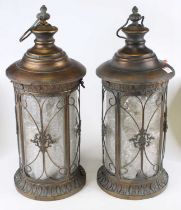 A pair of verdigris metal hanging lanterns, each h.56cm