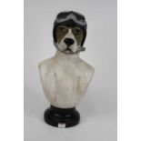 A head and shoulders bust of a dog dressed as a racing driver, h.49cm