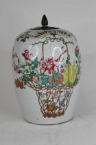 A 19th century Chinese porcelain jar and cover, enamel decorated with flowers and insects (a/f), h.