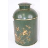 A green toleware type tea canister, gilt decorated with birds amongst flowers, h.36cm