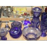 A box of Bohemian style blue overlaid and etched glassware, to include vases, fruit bowl, pinched