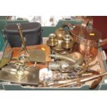 A box of miscellaneous items to include a Victorian copper warming pan, a pair of brass