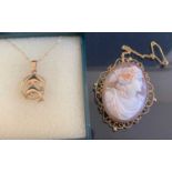 A carved shell cameo brooch in 9ct gold mount, with safety chain, 40 x 32mm; together with a 9ct