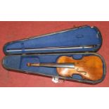 A Hopf violin, having a two-piece front and back, length 58cm, cased with bow
