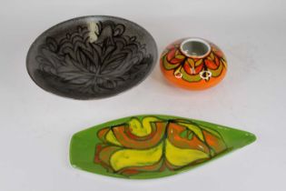 A Poole pottery Aegean fruit bowl, together with two further pieces Poole pottery Long green dish