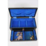 A faux leather clad jewellery box and contents to include a pair of 1970s gents silver cufflinks,