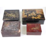 A collection of four Japanese lacquered boxes, each typically decorated in gilt, the largest w.27cm
