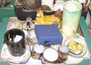 A box of miscellaneous items to include a Victorian copper and Sunderland lustre mug, hen-on-nest