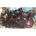 A box of assorted amethyst overlaid and cut glassware to include wine hocks, vases, bonbon dish