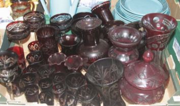 A box of assorted amethyst overlaid and cut glassware to include wine hocks, vases, bonbon dish