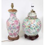 A Chinese export table lamp, enamel decorated with butterflies amidst flowers and foliage;