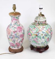 A Chinese export table lamp, enamel decorated with butterflies amidst flowers and foliage;