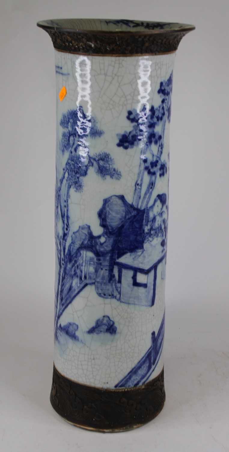 A large Chinese blue and white crackle glazed vase, decorated with figures, h.60cm Damage and repair