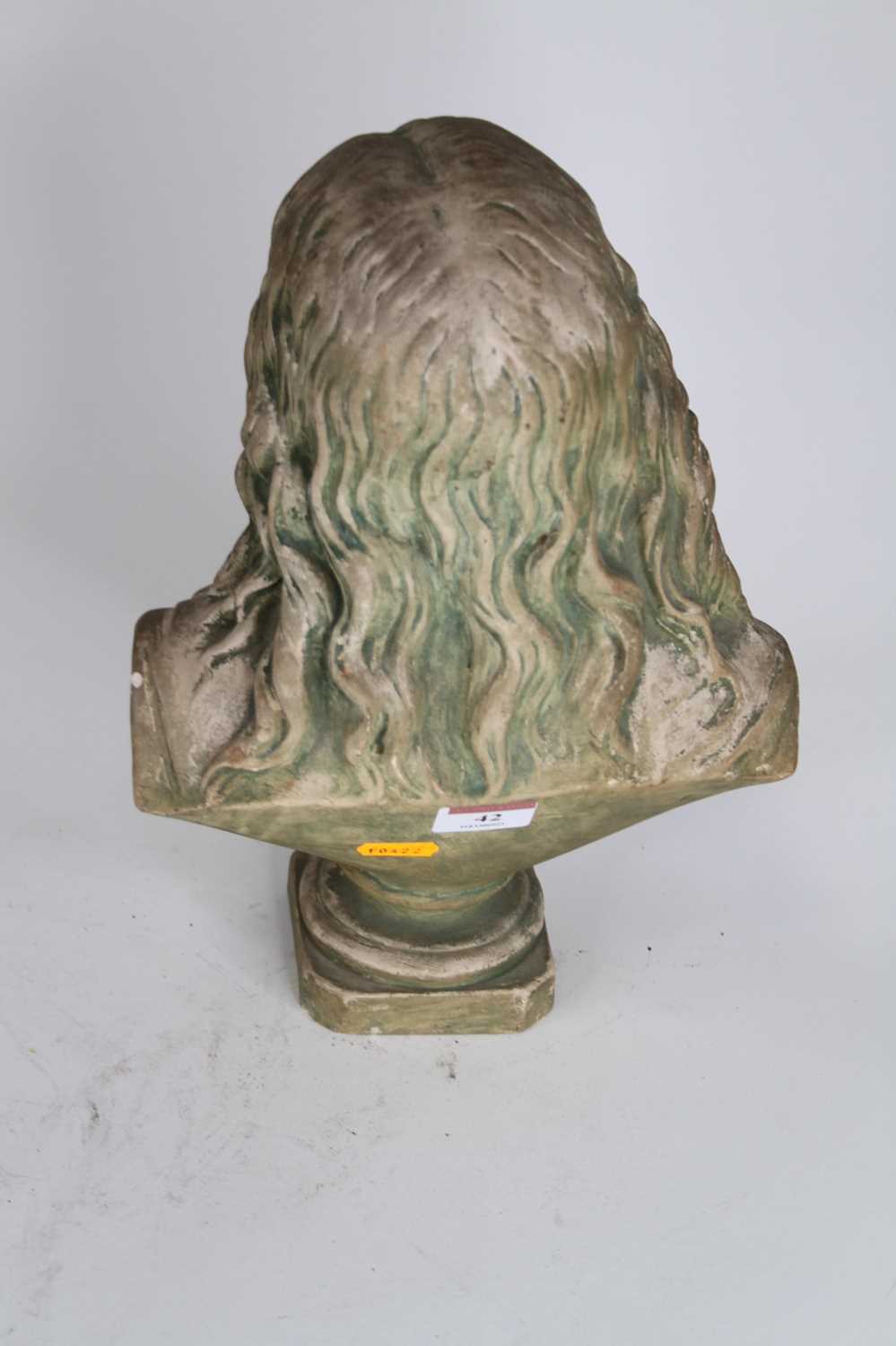 A painted pottery head and shoulders bust of Christ, h.32cm cracks to each side of the plinth - Image 3 of 3