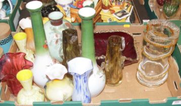 A box of miscellaneous Victorian and later glass ware to include pair of overpainted bottle vases,