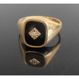 A gent's 9ct gold, black onyx and diamond point set signet ring, 6.1g, size X