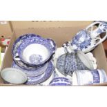 A box of miscellaneous china to include Burslem blue & white transfer decorated table wares, Delft