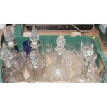 Two boxes of miscellaneous glassware to include a pair of cut glass decanters and stoppers, pair